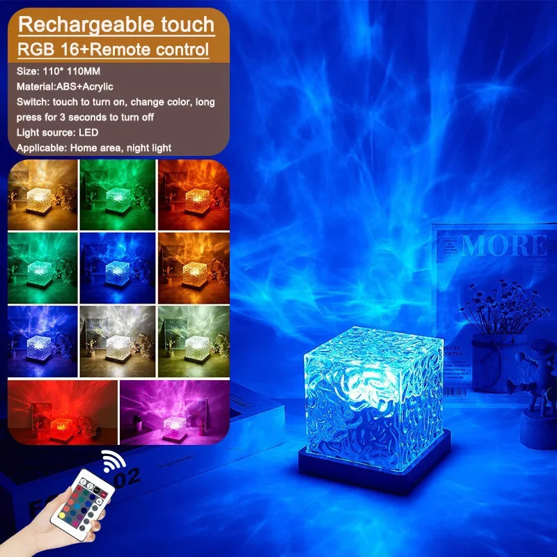 LED Rotating Water Wave Night Light RGB Color Change Display Cube Crystal Desk Lamp Used for Home Bedroom Childrens Party Decoration 250318
