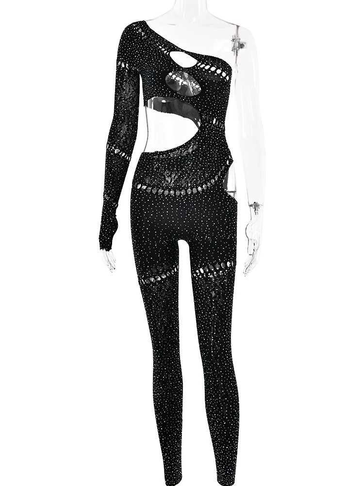 Sibybo sexy single rotating cuff hollow high elasticity jumpsuit glowing Rhinestone solid color Trouser sexy girl T-shirt X2503181