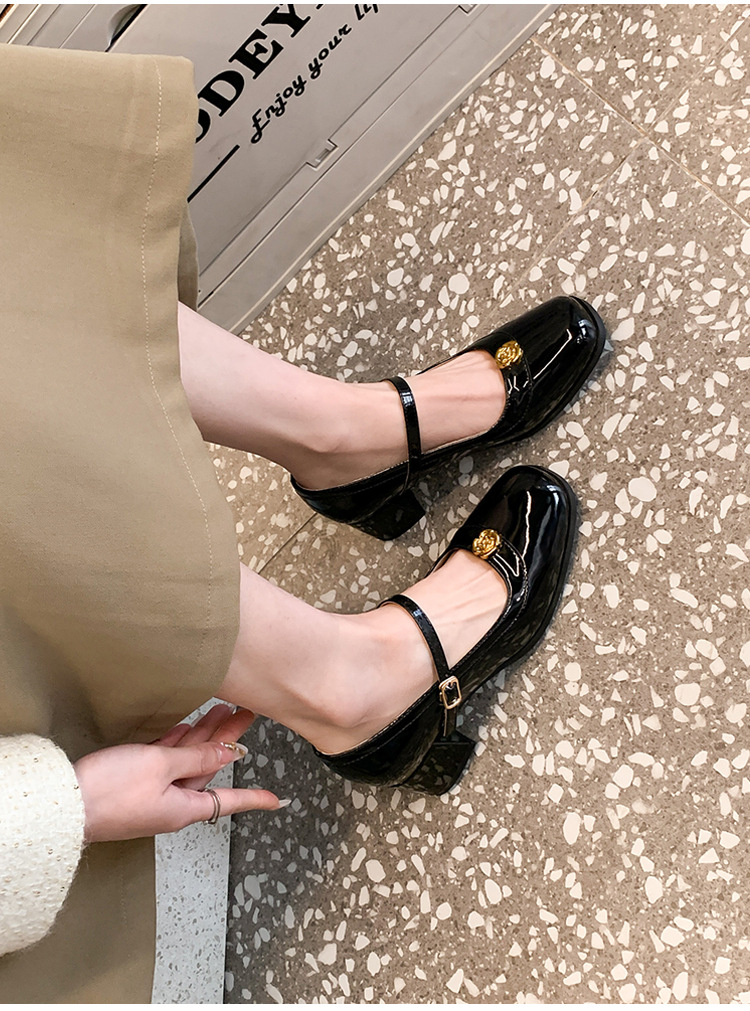 Women's single shoes new spring 2025 high heels square-toe slip-on chunky heel shoes Mary Jane shoes with one-word buckle and shallow mouth