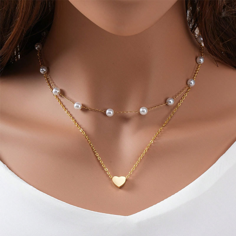 Pearl Chain Love Pendant Double Necklace Women Simple Everything Collared Chain Collar Bone Chain Jewelry