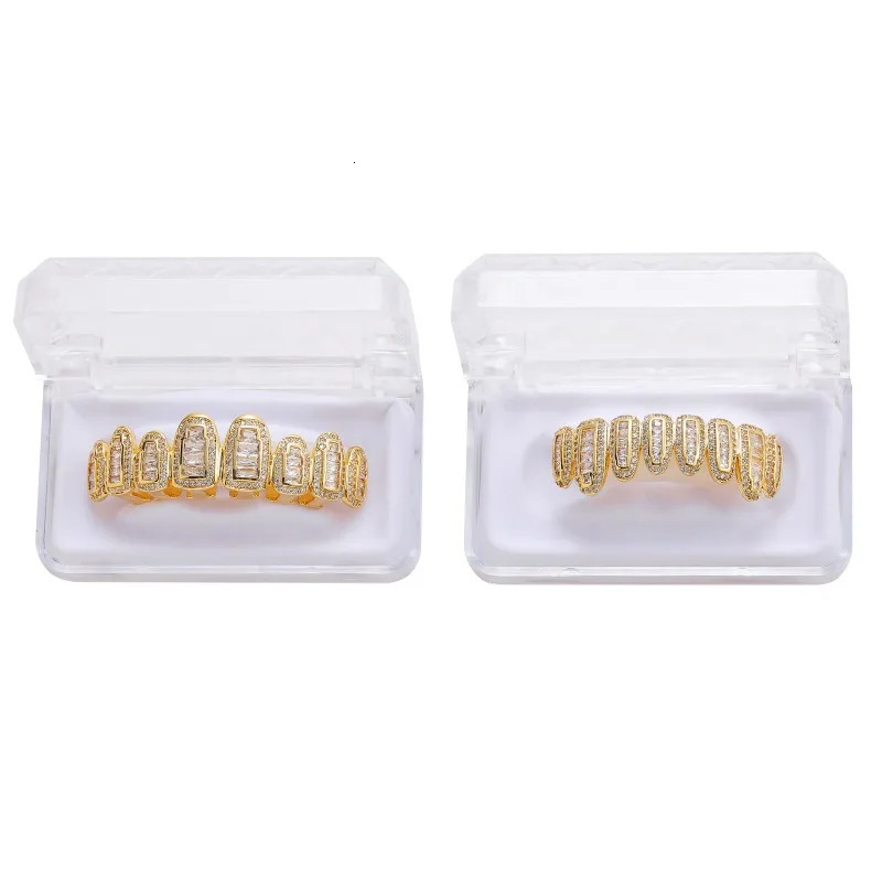 Square Zircon Teeth Holder Hip Hop Jewely Piercing Pave Teeth Grills Cap Top Bottom Set 8/8 Body Jewelry 250318