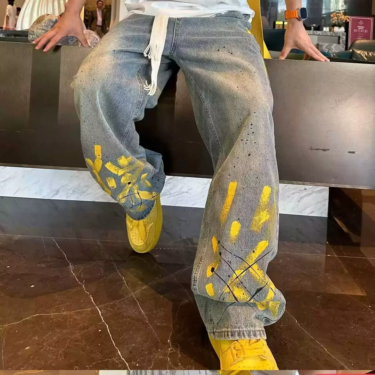 Hand Drawn Inkjet Men Jeans Printed Fashion Y2K Pants Korea Clothes Straight Hip Hop Trousers Male Streetwear