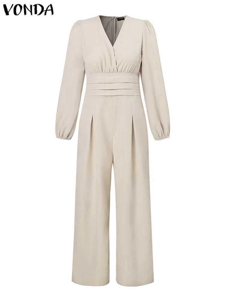 VONDA Womens Autumn jumpsuit Fashion Retro Solid Color Long Sleve V-neck Wide Leg jumpsuit Lantern Sleve High Waist Playsits X250318