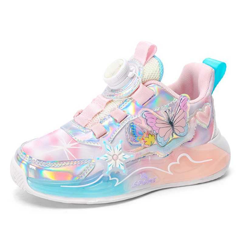 Childrens sports shoes 2025 new girls sports shoes grid breathable childrens running shoes rotating buckle soft soled leather boots W250318
