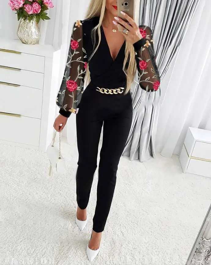 2024 sexy Dp V-neck mesh long Slve jumpsuit spring and autumn one-piece womens black elegant chain decoration party jumpsuit X250318