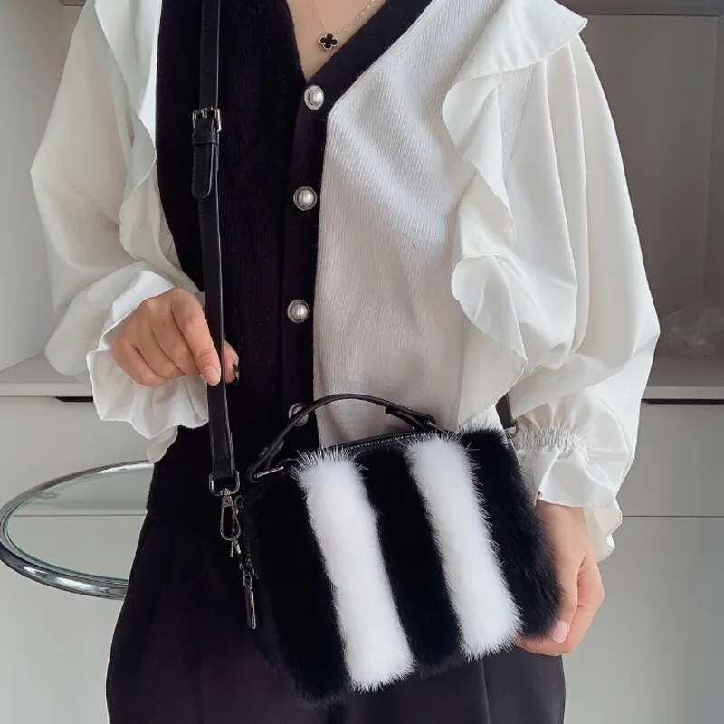 Bag Female Black White Handbag Real Mink Fur Shoulder Crossbody For Women Winter Furry Messenger Hand Bags