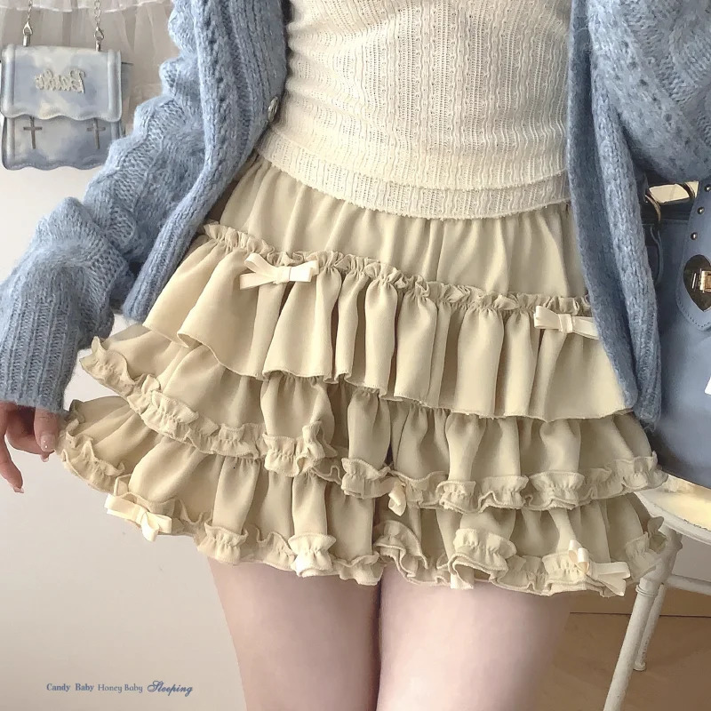 Y2K Sweet Ruffles Mini Skirt Women Kawaii Lolita Bow A Line Skirts Harajuku Japanese Cute High Waist Pink Blue Cake Skirt 250318