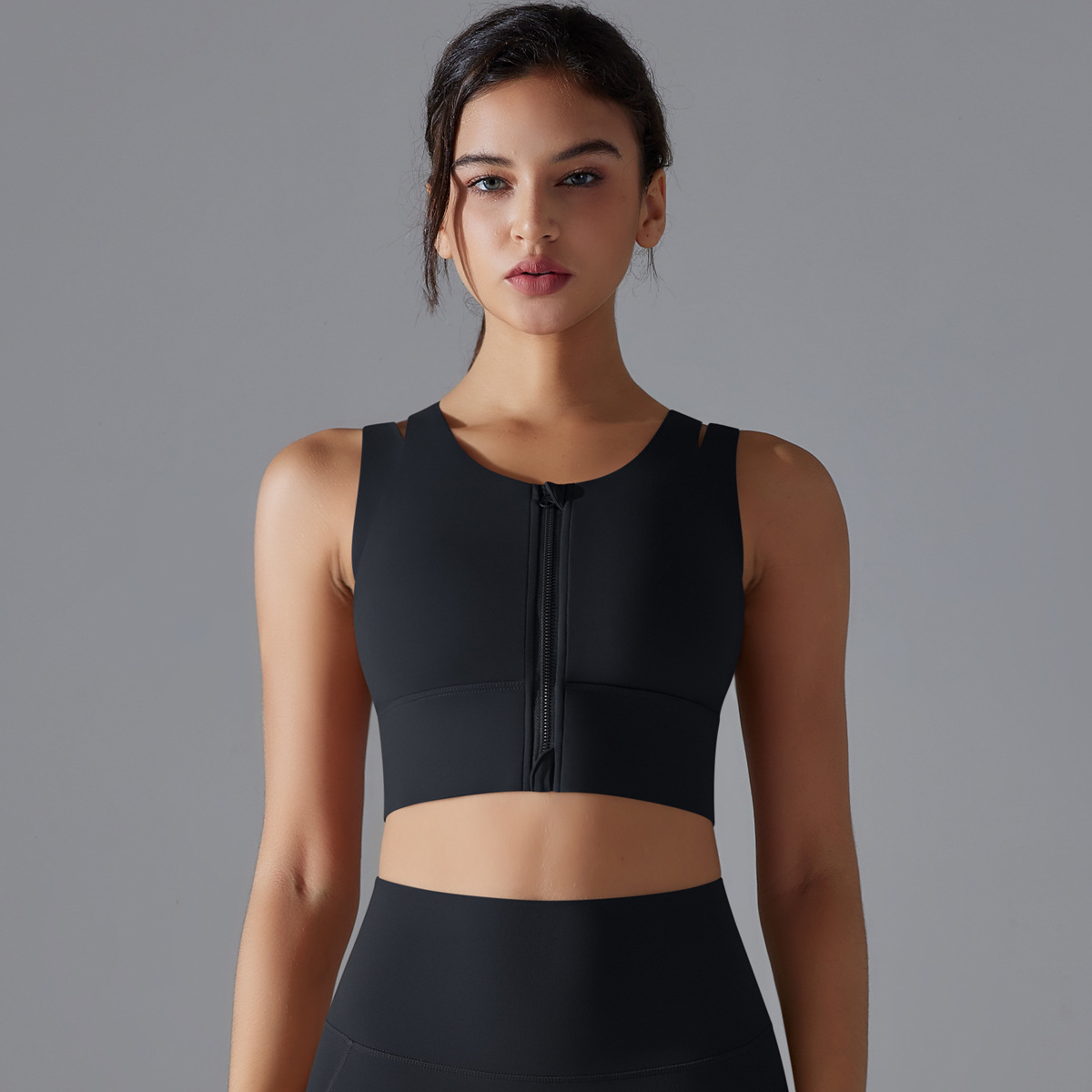 New sexy tracksuit front zipper gathered back sports bra, anti sagging yoga vest, running and fitness bra leggings