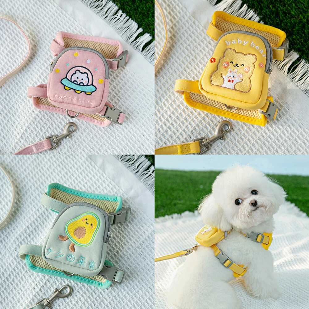 Adjustable vest belt rope for cats and dogs walking tow rope with backpack escape vest cartoon bear avocado astronautT250318