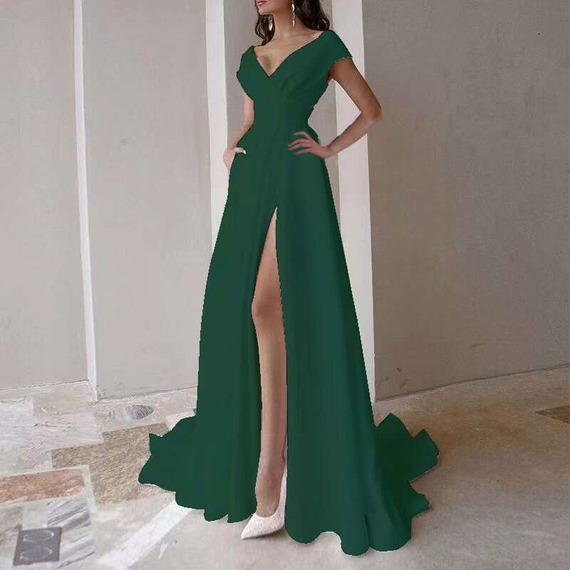 breast wrapped ruffled red, black, white mid waist solid color commuting long evening dress, 2025 new style, chic and elegant clothing