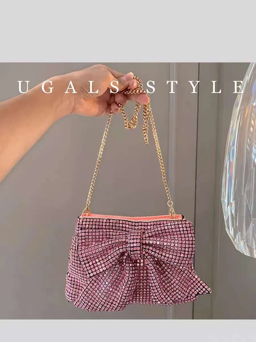 Glitter Bow Knot Women's Handbag Crystal Shiny Rhies Dia Evening Wedding Party Clutch Purse Crossbody Bag