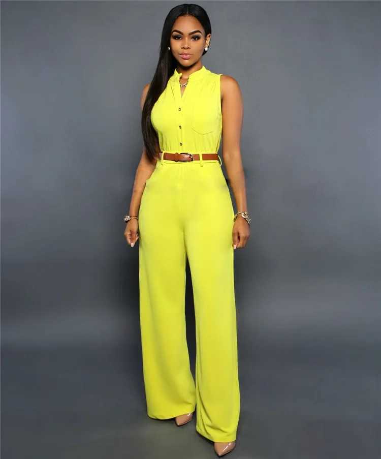 Elegant Womens Jumpsuits Belt Summer High Waist Wide Leg Button V-neck Slveless Casual Sexy Solid Blue Office Lady Rompers X250318