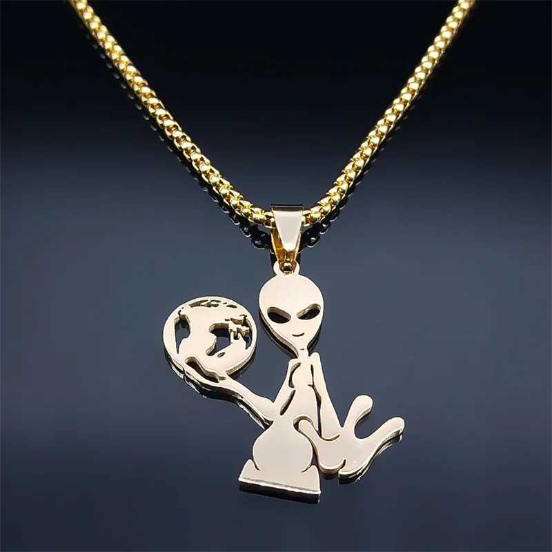 Y2K Alien Earth Pendant Necklace for Women/Men Stainless Steel Humanoid Chain Necklaces Fashion Jewelry necklaces for women W250318