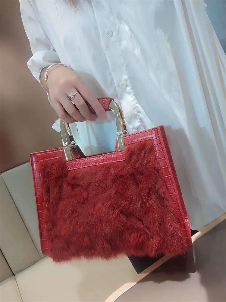 Genuine Leather Women's Handbags Fashion Real Rabbit Hair Single Shoulder Messenger Bag Large Capacity Portable Tote Bags