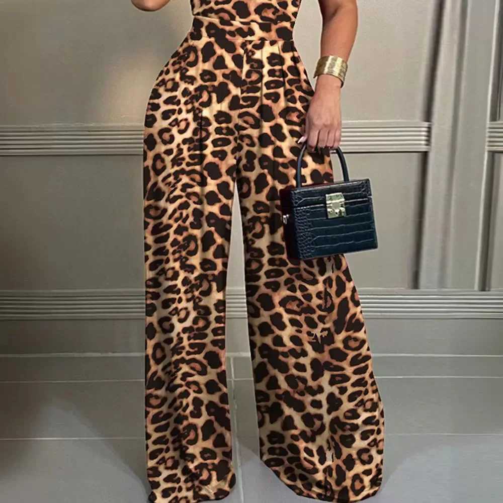 Leopard Print Chain Strap Plume jumpsuit for womens summer strapless V-neck high waisted jumpsuit X250318