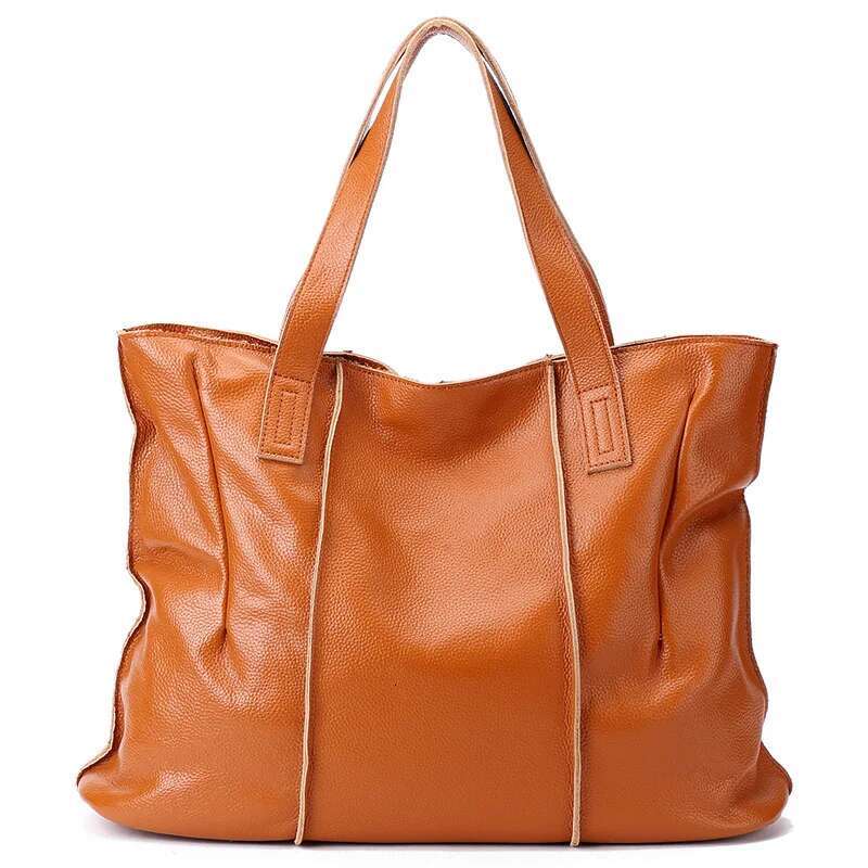 100% Genuine Leather Handbags Large Capacity Women Shoulder Bag Retro Tote Purse High Quality Hobos Brown Travel Shopping Bags