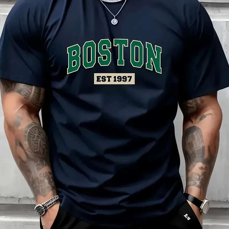Boston EST1997 Retro Printed Men's New Cotton T-shirt Fashion Casual Ample Summer Cotton Couple Short Sleeves Large Size T-shirt