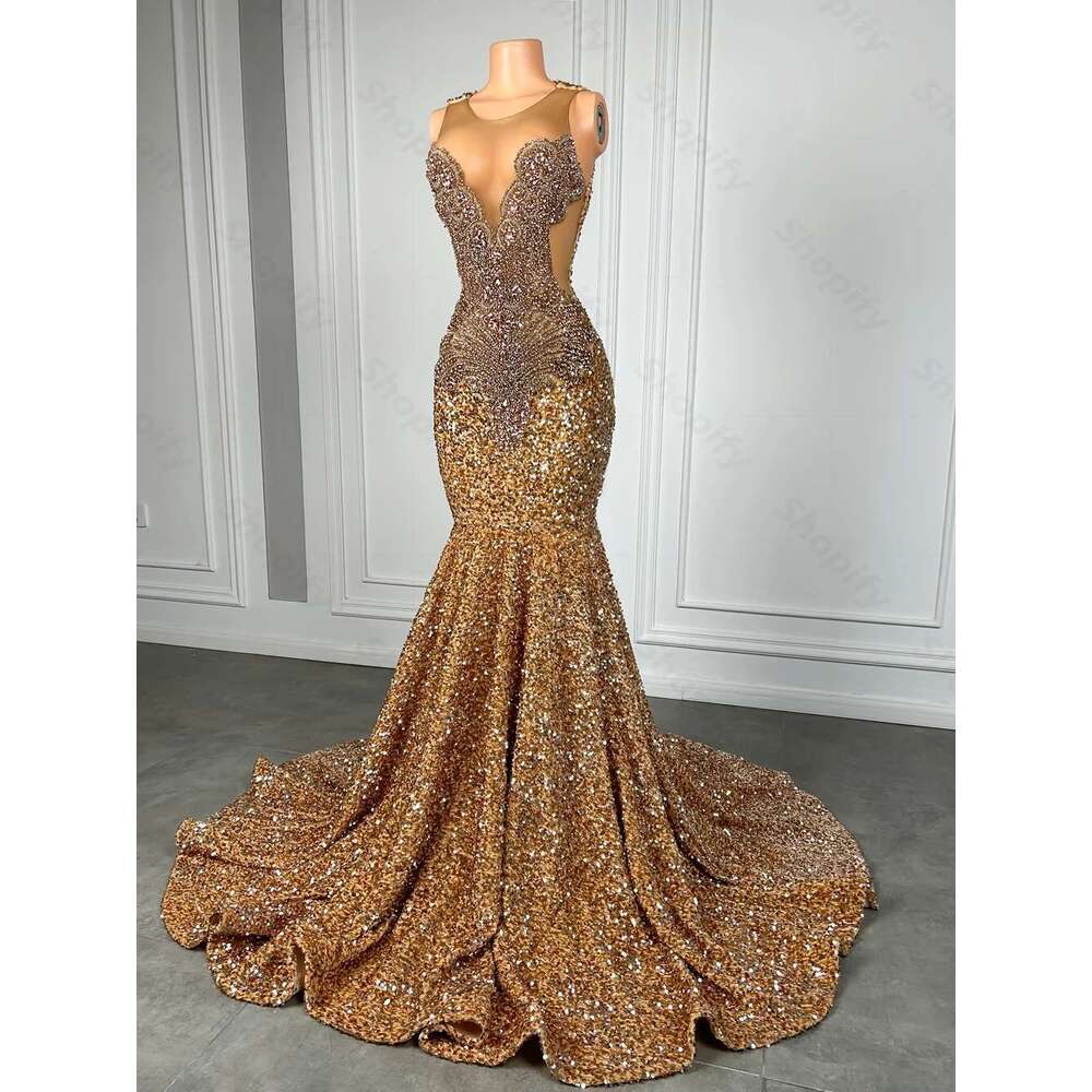 Sparkly Brown Dia Long Dresses For Black Girl Beads Rhie Gold Sequin Mermaid Prom Gowns 2025 Customized Dr0318