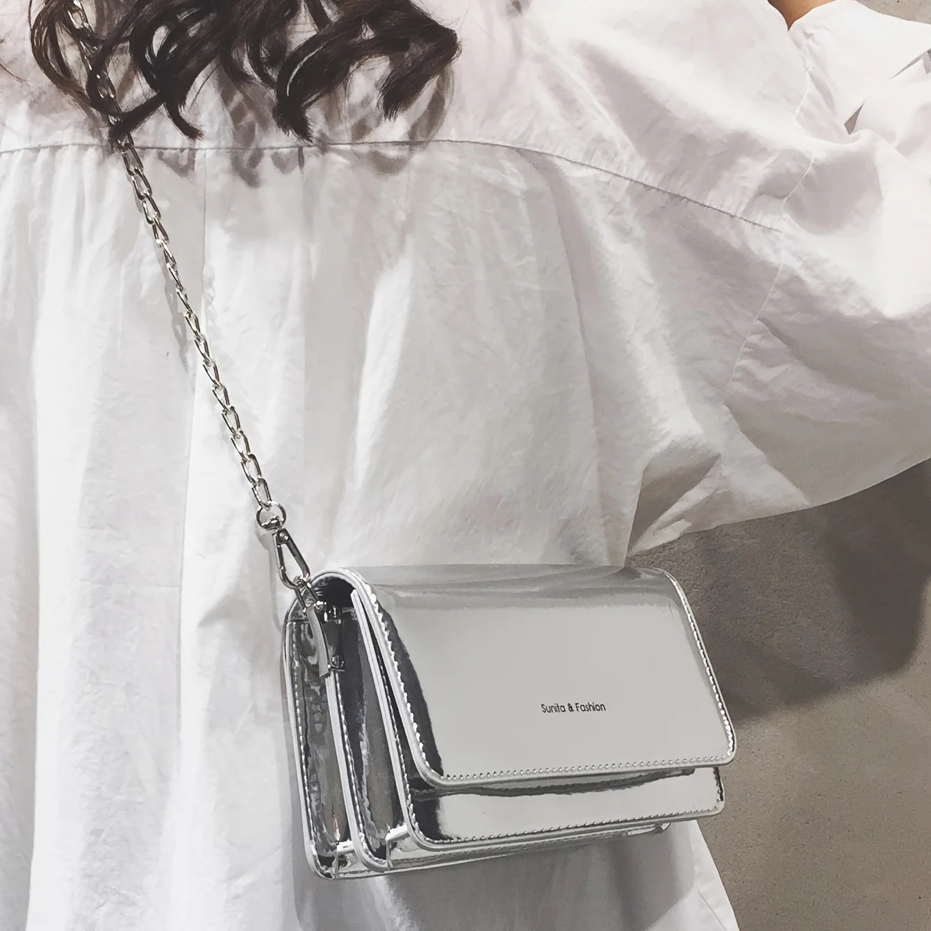 2025 New PU Leather Mini Crossbody Bag for Women 2 Compartments Flip Rectangle Shape Shoulder Bag/Chest Bag Silver Black R250318