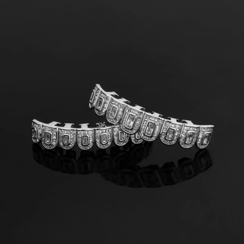 Hip Hop Iced Out T Square Zircon Tooth 8/8 for Men Body Piercing Jewelry Gold Plated Cubic Zirconia Teeth Grills Cap Set 250318
