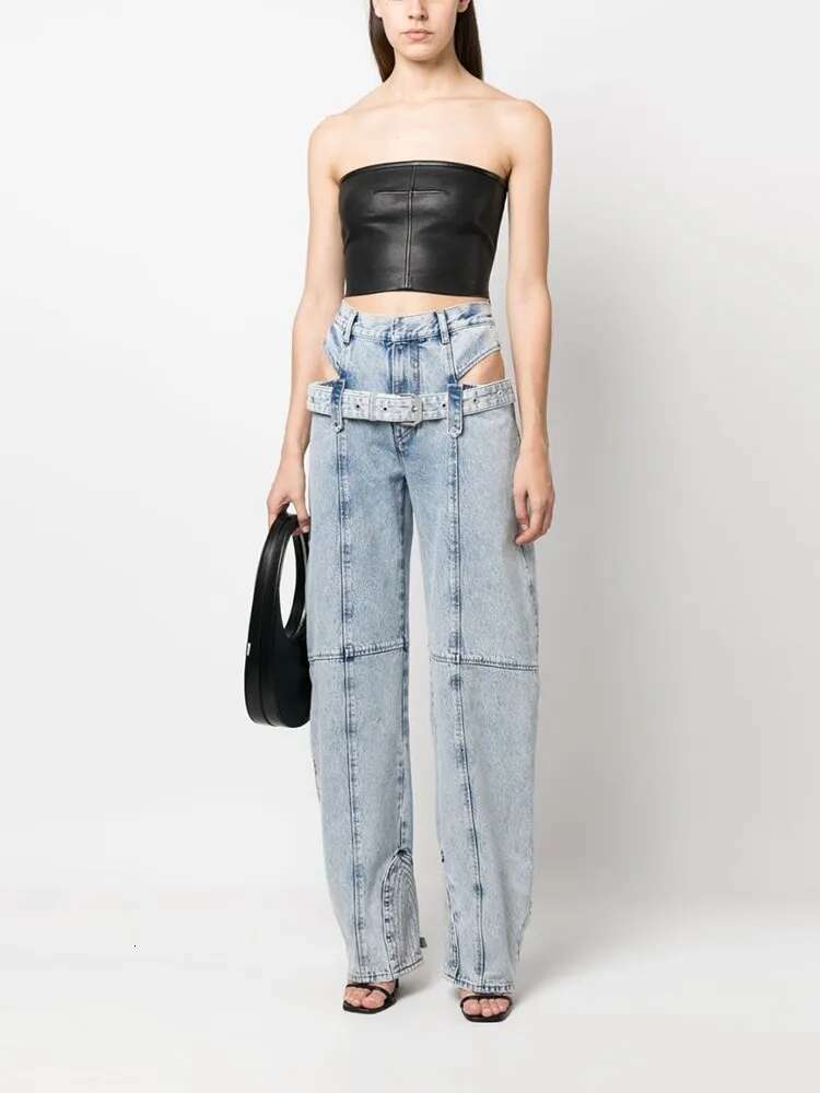 TWOTWINSTYLE Casual Cut Out Denim Trousers For Women High Waist Patchwork Belt Vintage Streetwear Jean Female Fashion Clothing