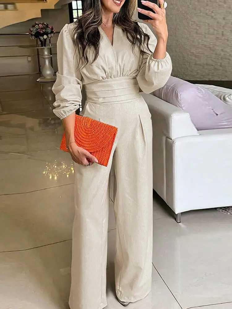 VONDA Womens Autumn jumpsuit Fashion Retro Solid Color Long Sleve V-neck Wide Leg jumpsuit Lantern Sleve High Waist Playsits X250318