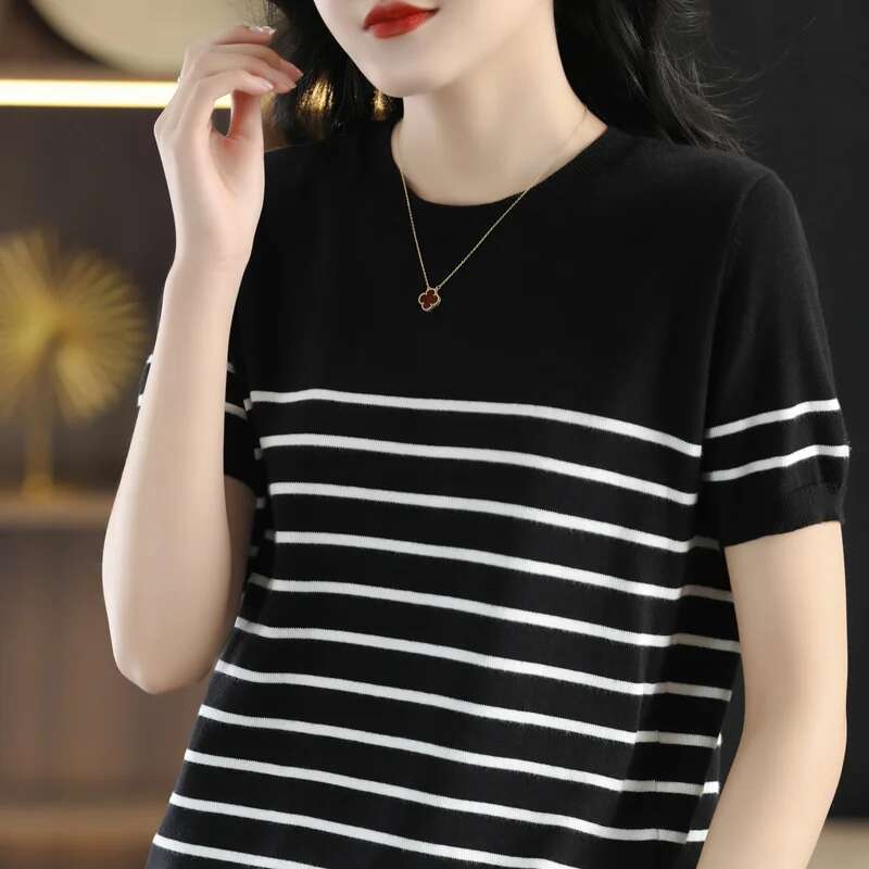 100% Pure Cotton T-Shirt Women's Knitted Striped Short Sleeved Casual Round Neck Tees Summer Basic Loose Tops Versatile