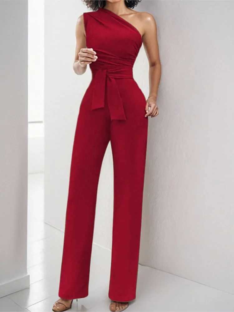 2025 Spring/Summer New Solid Color Single Shoulder Strap Womens jumpsuit Fashion Ultra Thin Elegant Straight Leg jumpsuit X250318