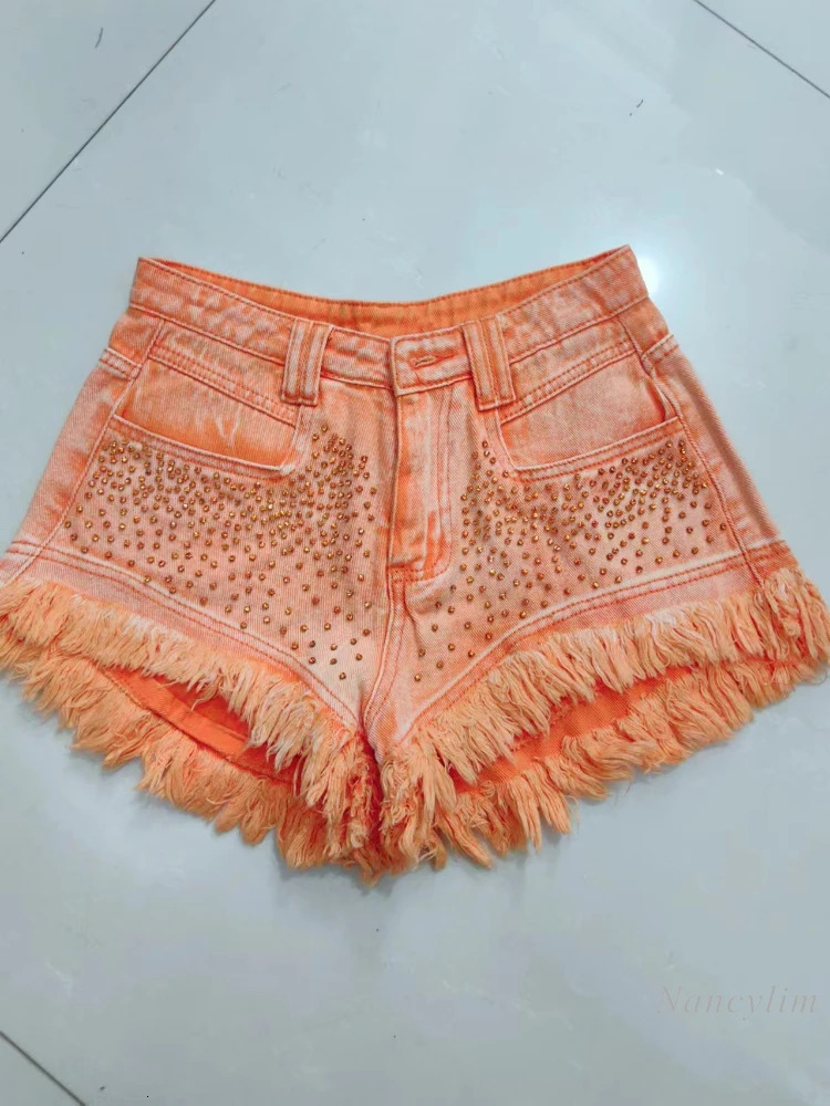 Orange Rhinestone denim shorts womens ruffled and fringed jeans pants womens high waisted summer wide leg shorts 250314