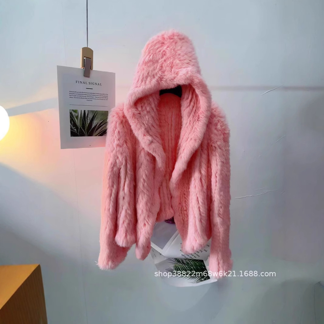 New style of celebrity, real rabbit coat, women's autumn and winter warm fur woven double-sided hooded fur, encrypted internet celebrity