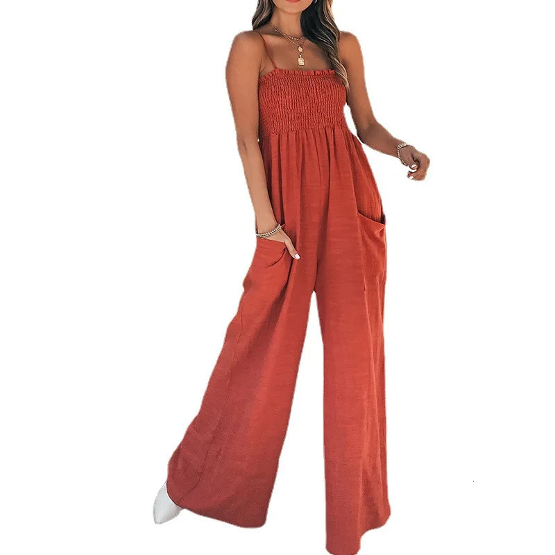 Womens Jumpsuit Suspender Straps Pleated High Waist Wide-leg Pocket Fashion High Street One Piece Pants Set 250314