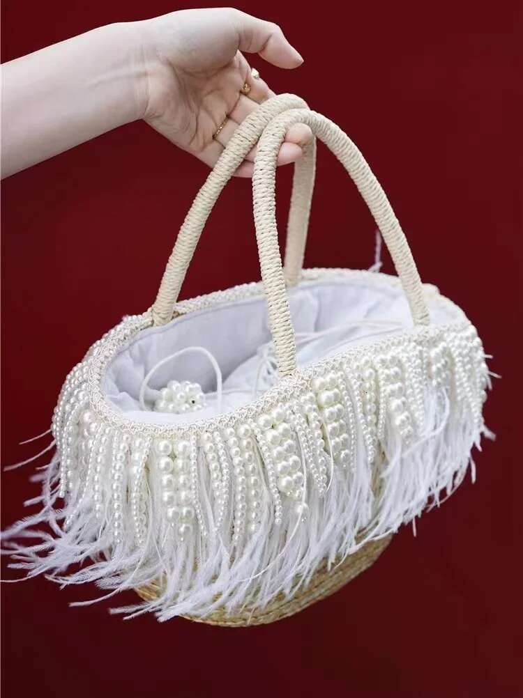 Fashion Pearl Beaded Ostrich Hair Beach Lady Pure Straw Wove Handmade Women Handbag Tote Leisure Holiday Shoulder Bag