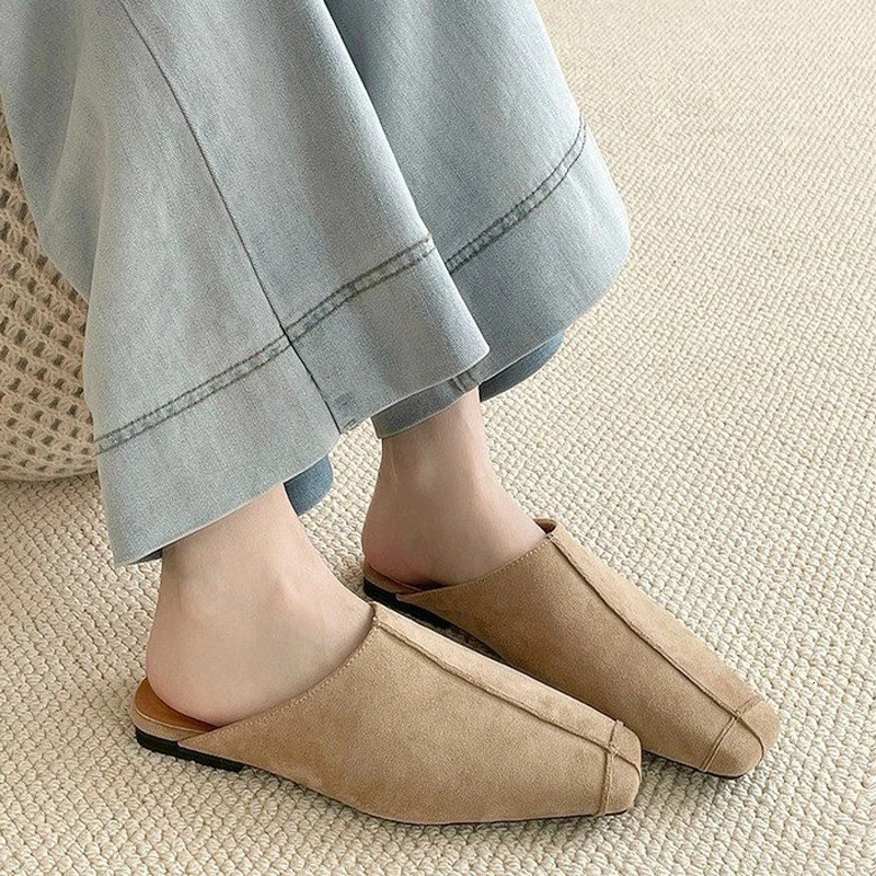 Flats Mules Shoes Square Toe Slippers Suede Sandals Women Summer Casual Comfort Slides Sgback Flip ps De Mujer 250320