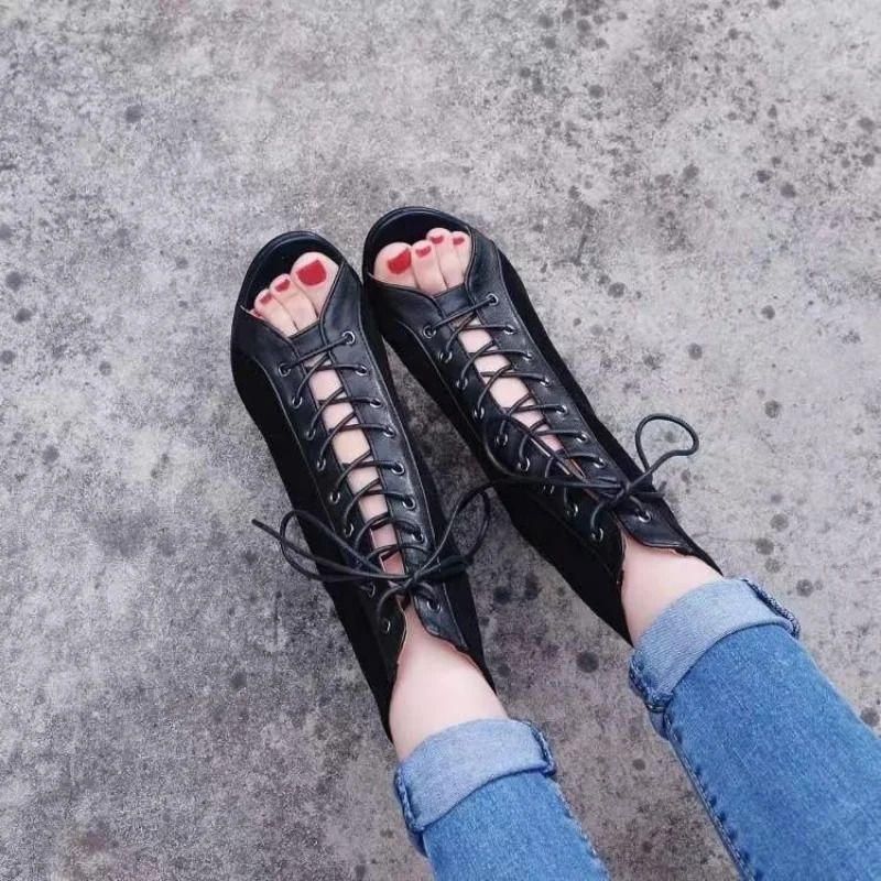 Sandals Hollow Mesh Heels Womens Shoes Summer Trend Black Lace-Up Sexy Peep Toe Boots Stilettos Jazz Dance Female Shoes 250317