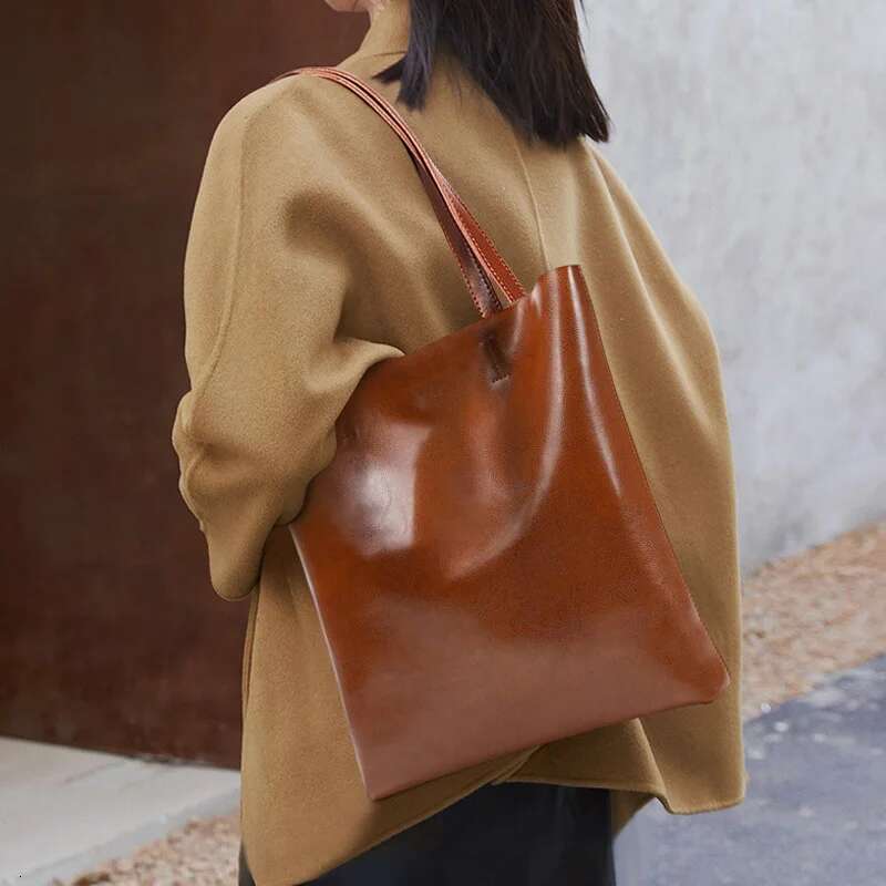 Large Capacity Female Split Leather Tote Bags Oil Wax Cowhide Lady Shopping Handbag Women Classic Solid Color Shoulder Bag New