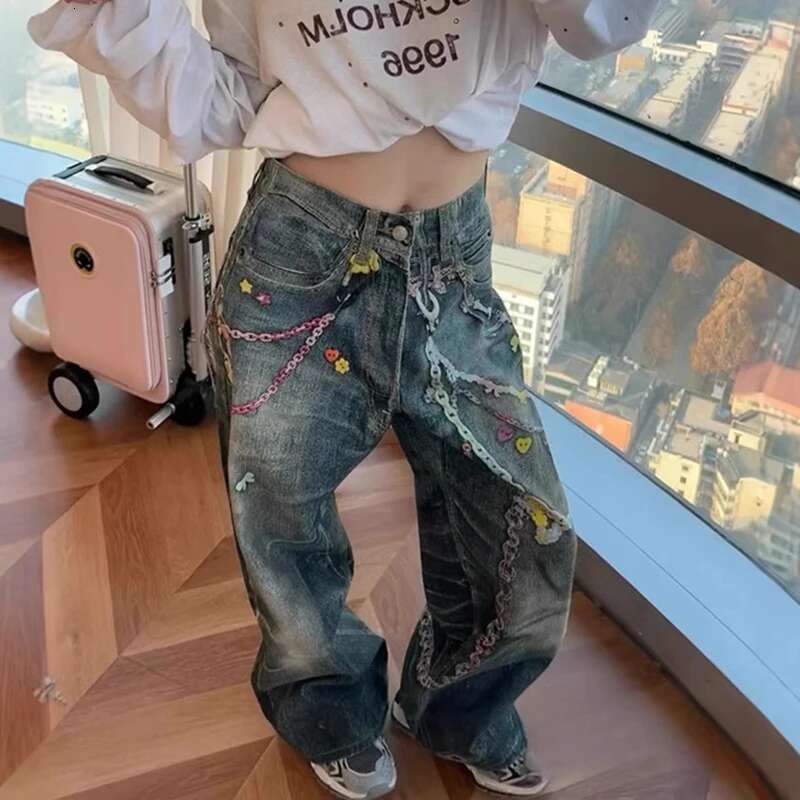 DEAT Women's Fashion Straight Printed Casual Denim Pants Spring New Arrival Female Long Chain Gradient Jeans Trendy 11A03657