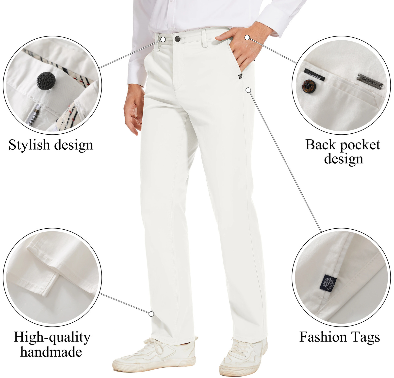 Mens Classic Straight White Cotton Chino Pants Business Casual Trousers 2842 Pure Comfort Fit Office Wear 250311