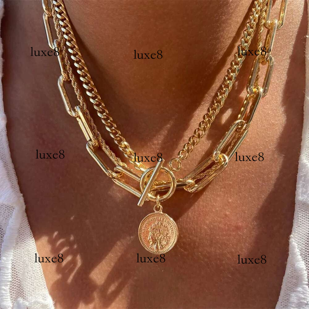 Vintage Punk Gold-plate Thick Chain Head Portrait Coin Pendant Necklace For Women Fashion Multilevel Geometric Hip Hop Jewelry