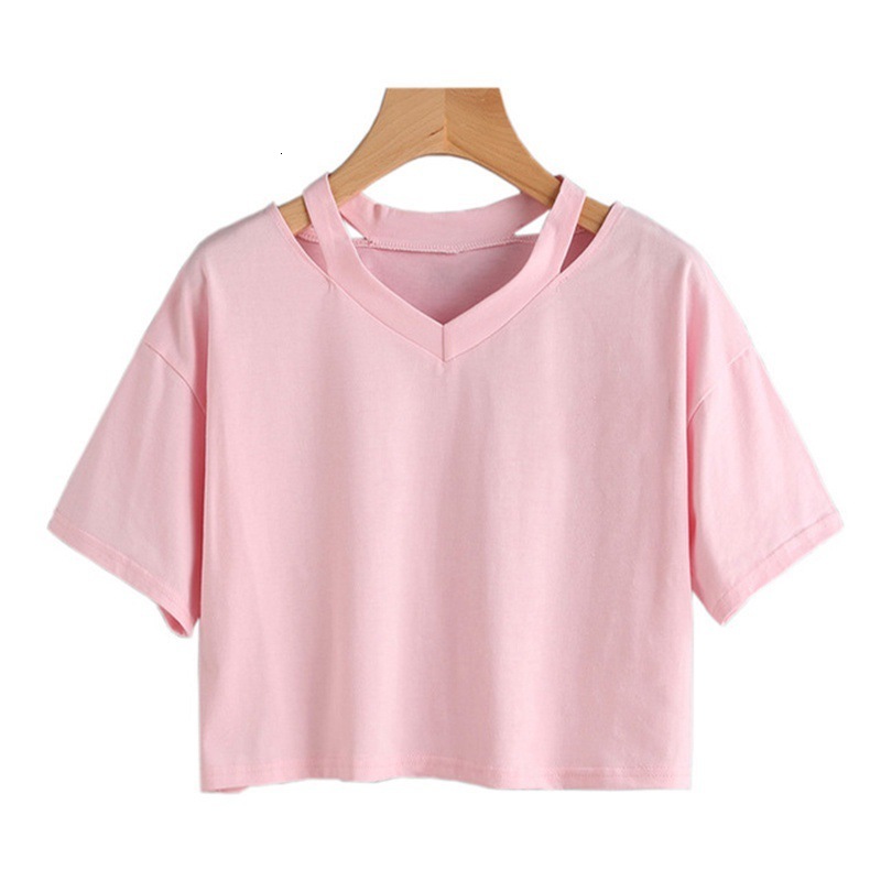 AA Style Off Shoulder Hollow Sexy Solid Color T-Shirt V-Neck Short Sleeved Loose Women's Top