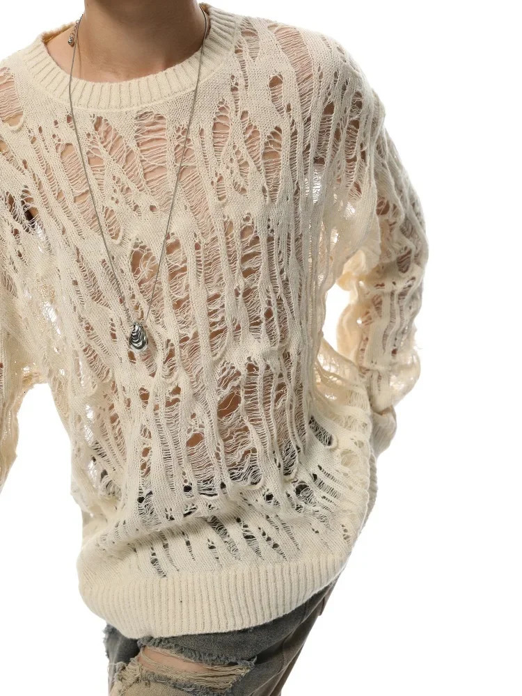 Slouchy Sweaters Men Hollow Out Baggy Hole Sun Protection Lightweight Long Sleeve Streetwear Vintage Fashion Knitting Summer Ins 250318