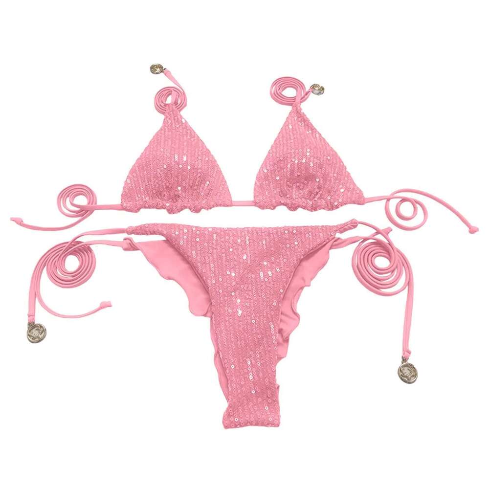 Women's sequin triangle swimsuit, sexy bikini, liquor swimsuit, beachwear, swimming document, 2025, 2024