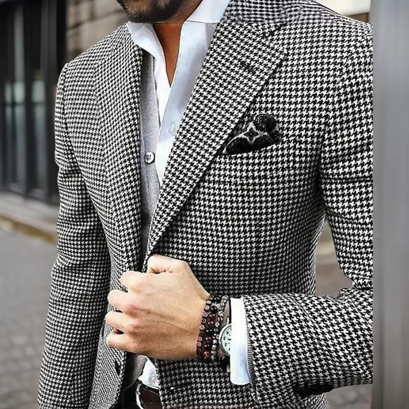 Slim Fit Mens Jacket Hound Stone Casual Italian Style Set Notched Collar 1 Piece Checkered Ball Wedding Coat 2024 250318