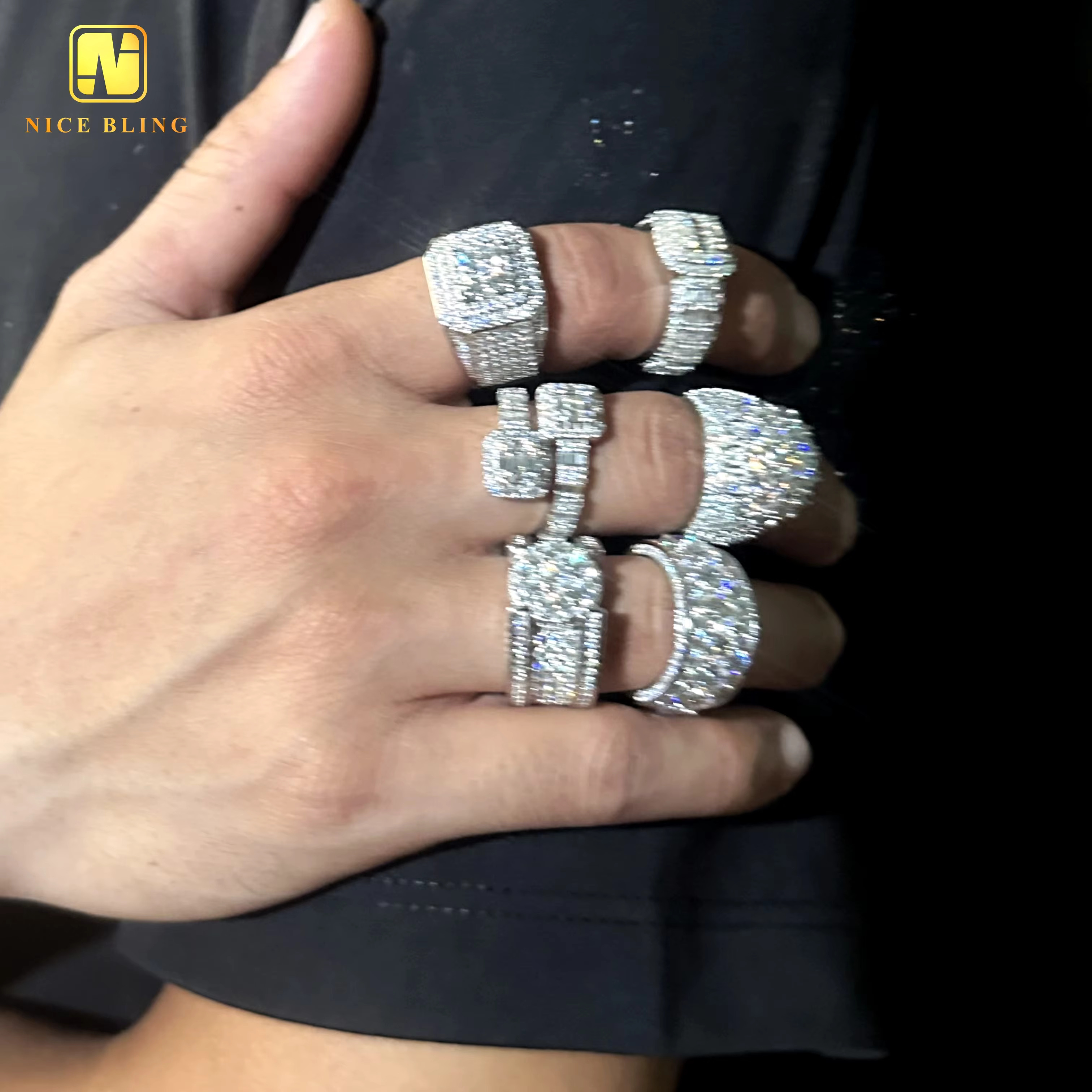 VVS Moissanite Diamond Wedding Engagement Ring Hip Hop Jewelry Iced Out 925 Silver Round Eternity Bands