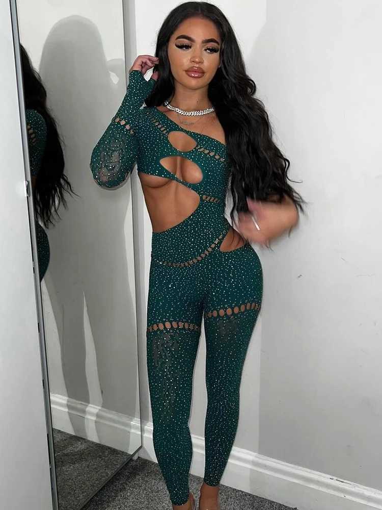 Sibybo sexy single rotating cuff hollow high elasticity jumpsuit glowing Rhinestone solid color Trouser sexy girl T-shirt X2503181