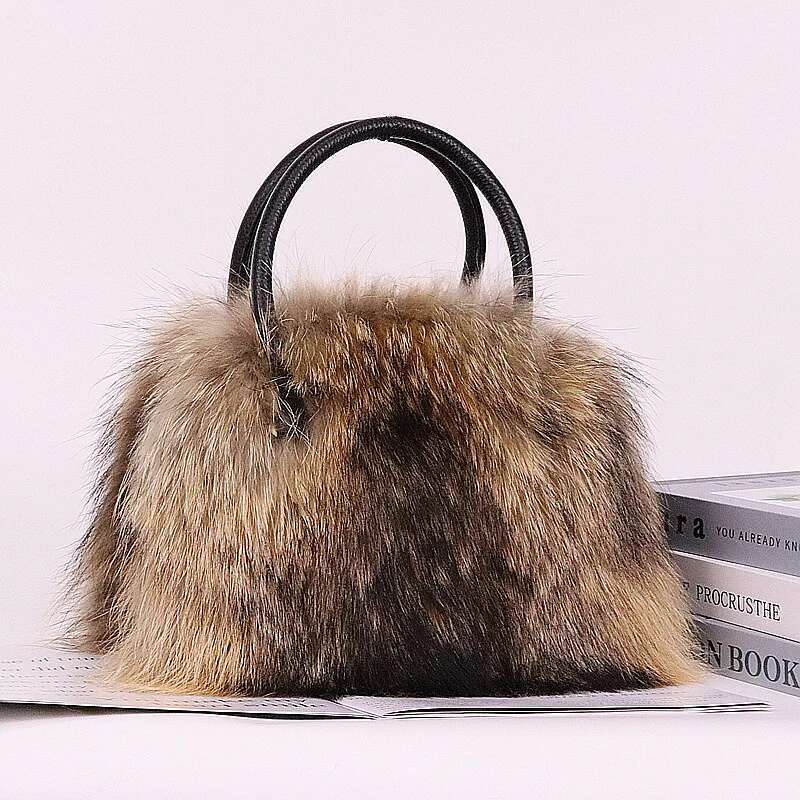 Women Real Top-Handle Winter Fox Shoulder Bag Fluffy Fur Handbag Casual Tote Plush Purse Crossbody Bags