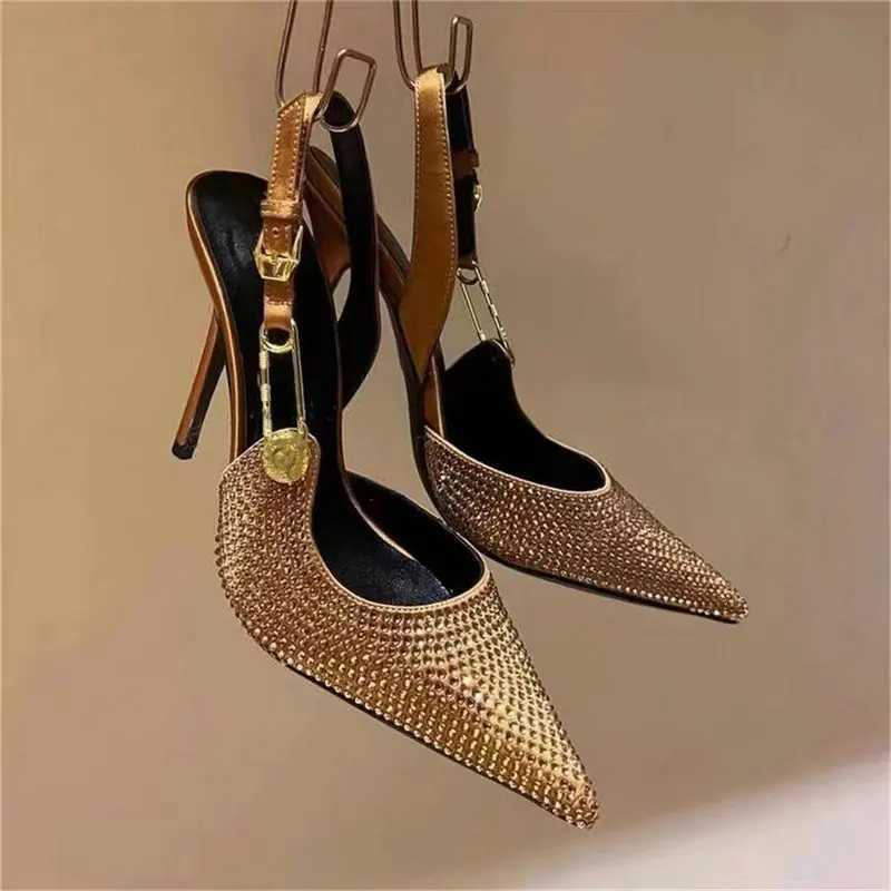 2025 Summer Black Pump New Pointy Diamd High H Wen Beautif Sexy Hollow Bag E-Button Sandals Y250317