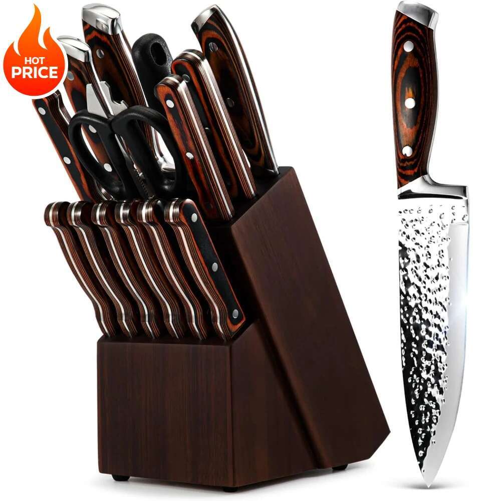 Kitchen Set, 15 Piece Wooden Block, High Carbon Japanese Stainless Steel Block Set With Steak Knife