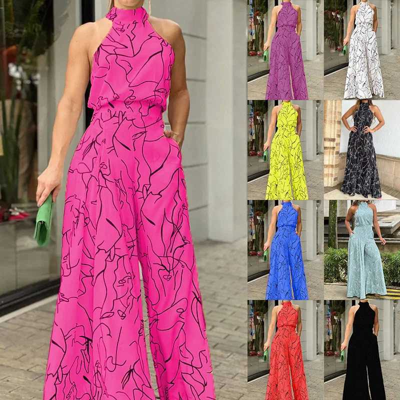Elegant printed camisole collar jumpsuit womens strapless fashion high waist wide leg jumpsuit casual T-shirt 2023 new style X250318
