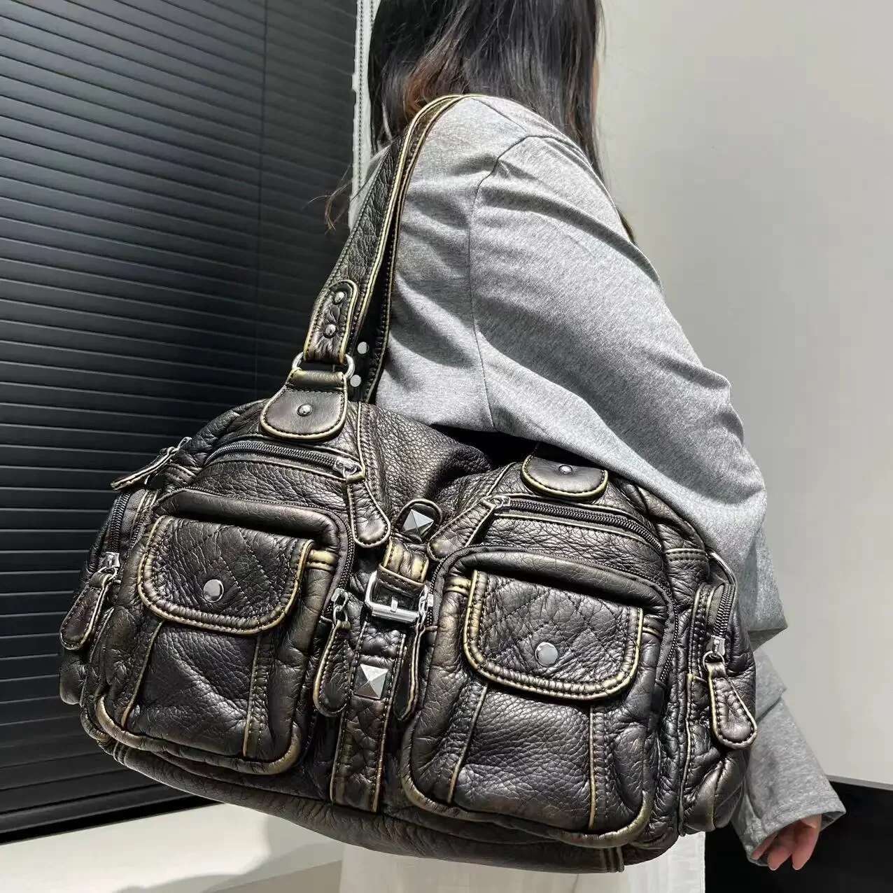 Ladies' Fashionable Hot Girl Vintage Tote With Large Capacity Y2k Washed Vegan Leather Single Shoulder Crossbody Bag