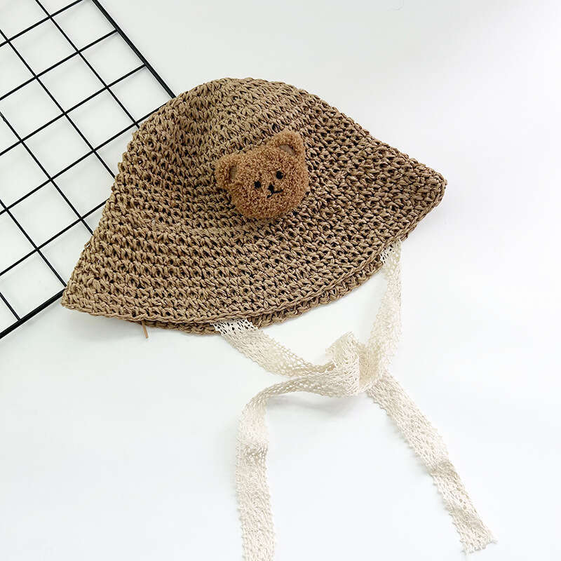 Instagram Cartoon Little Bear Children's Straw Summer Outdoor Sunscreen Sun Princess Baby Travel Strap Sunshade Hat